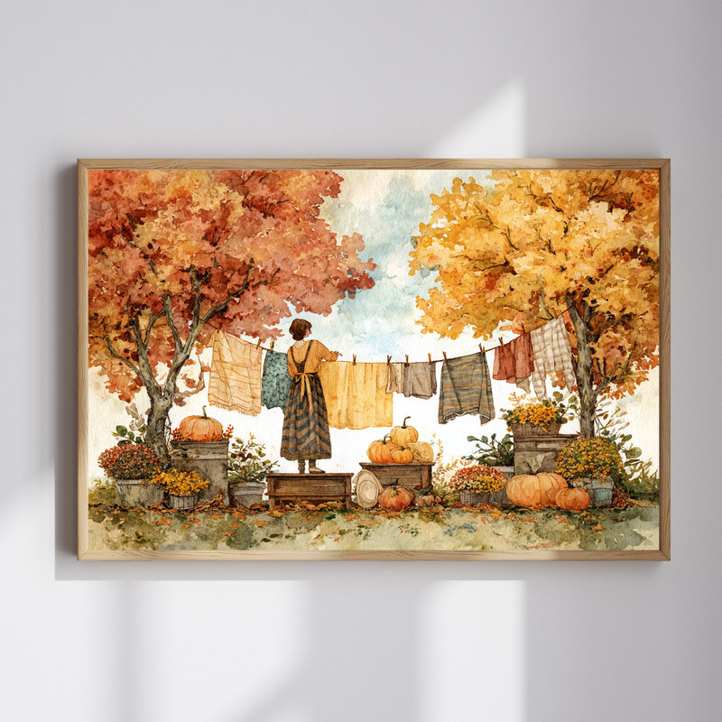 Thanksgiving laundry day watercolor canvas wall art for laundry room decor, autumn chores scene in warm fall tones. | Family Wall Decor