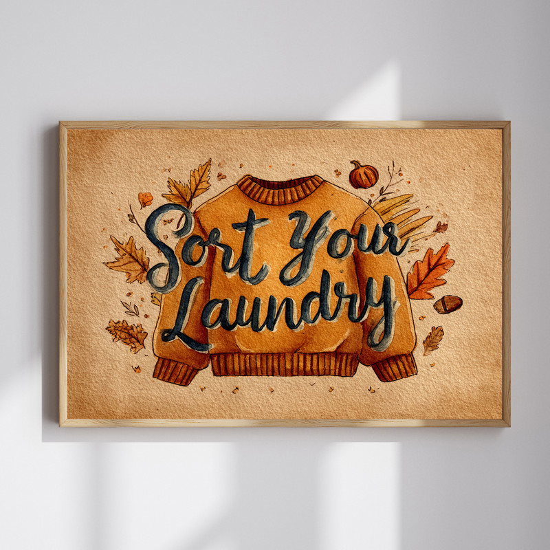 Autumn watercolor canvas art for cozy Thanksgiving laundry room decor, pumpkins and maple leaves, warm neutrals, landscape | Family Wall Decor