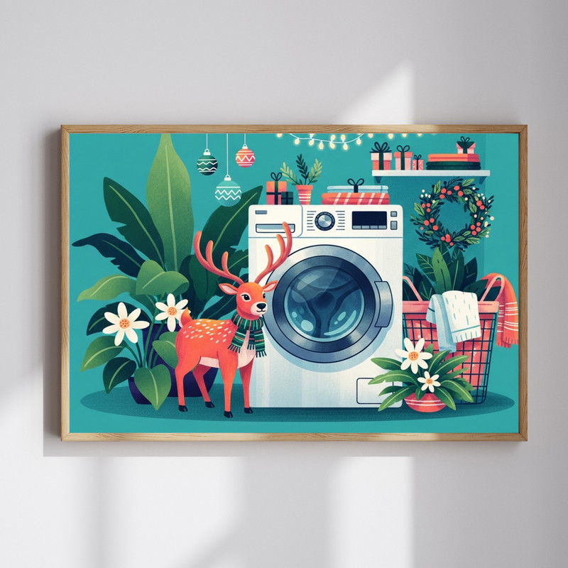 Christmas reindeer canvas wall art with snowflakes, red and green palette for laundry room decor, horizontal layout | Familywalldecor