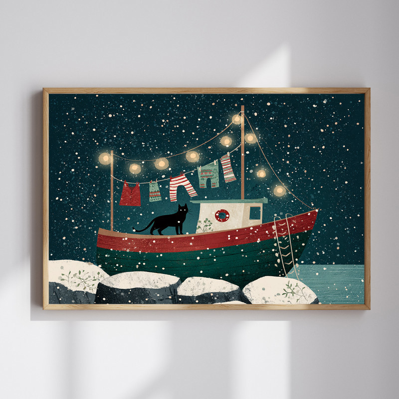 Cozy Christmas seaside canvas wall art with festive boat and cat, holiday laundry room decor in coastal red and green | Familywalldecor