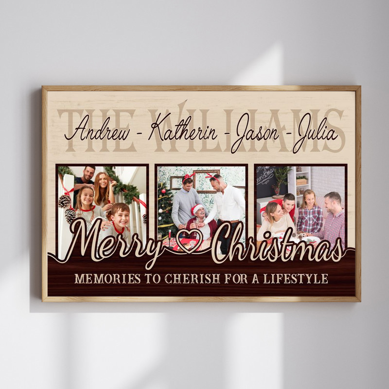 Custom family Christmas photo collage canvas with multiple photos, family name and year in festive red‑green, landscape | Familywalldecor
