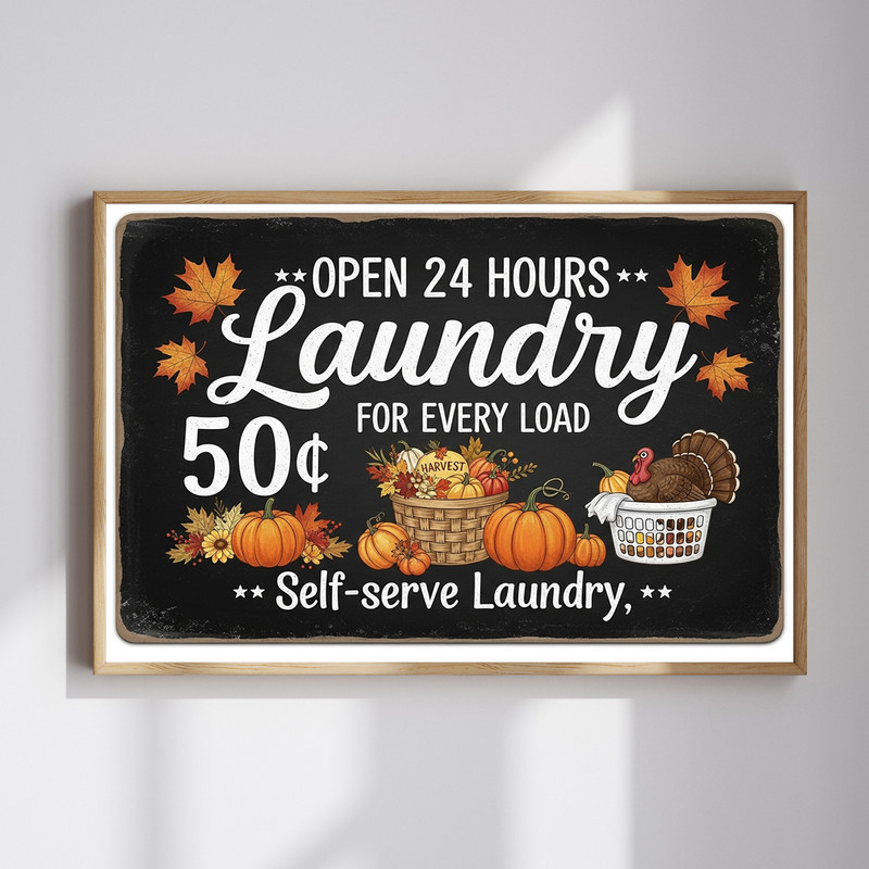 Retro self-serve laundry canvas wall art with fall special text, vintage typography, autumn tones for cozy laundry room decor | Family Wall Decor