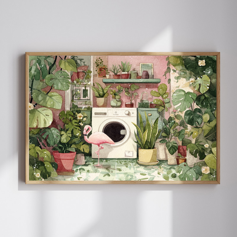 Festive flamingo laundry room canvas wall art, watercolor with Santa hat and garland by washer, cozy Christmas decor | Family Wall Decor