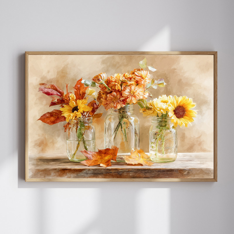 Thanksgiving floral watercolor canvas wall art with rustic jars and fall blooms, farmhouse style for laundry room decor | Family Wall Decor