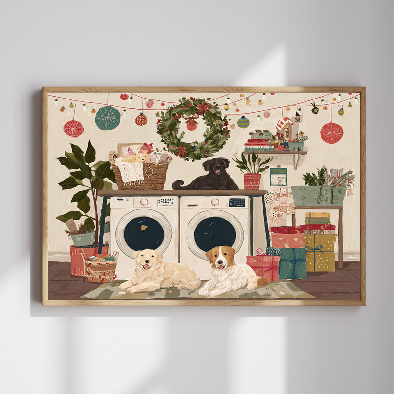 Cozy Christmas theme canvas wall art for laundry room with red and green, stockings on a clothesline and subtle snowflakes | Familywalldecor