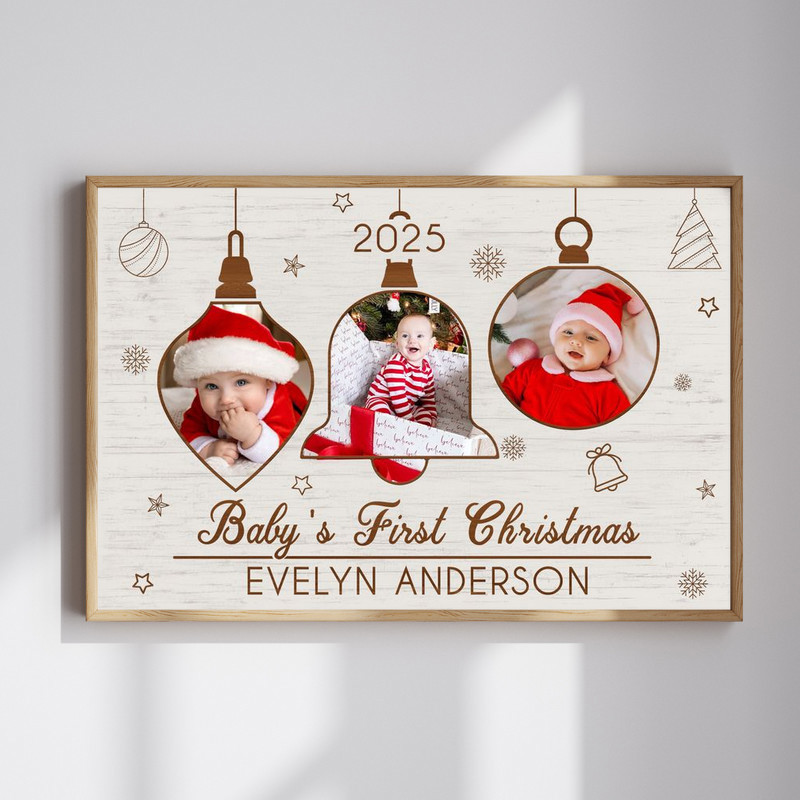 Baby’s First Christmas canvas personalized with baby’s name and year, watercolor wreath and gold stars, portrait | Familywalldecor