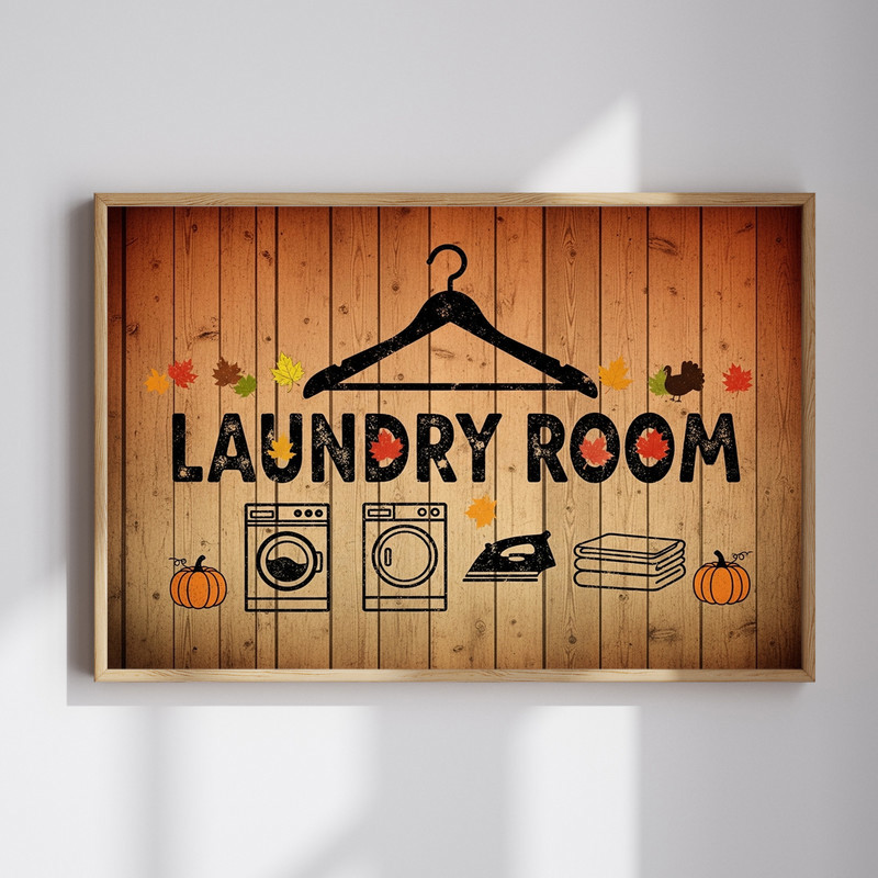 Rustic autumn canvas wall art for laundry room, farmhouse style with fall leaves and pumpkins in warm earthy tones | Family Wall Decor