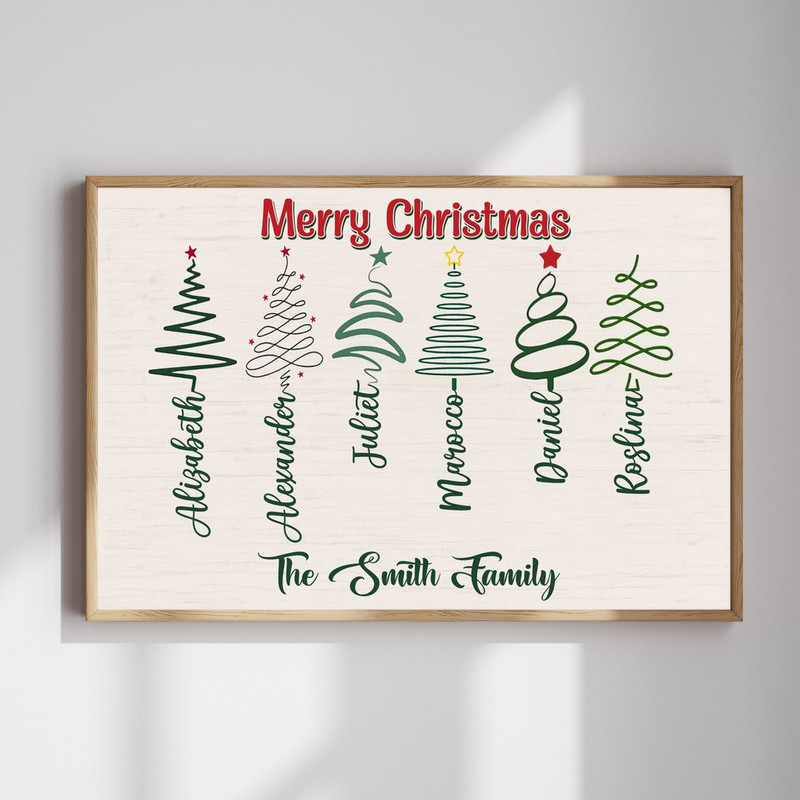 Christmas tree wall art canvas with rustic scripted family names, personalized holiday decor for living room or entryway | Family Wall Decor