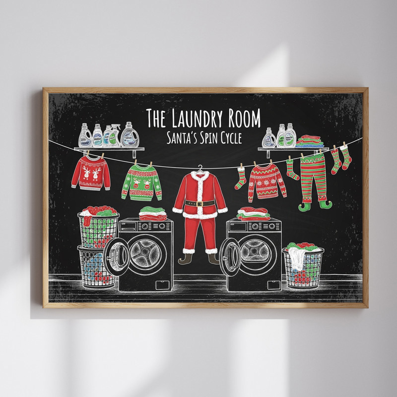 Christmas canvas wall art with chalkboard-style Santa’s Spin Cycle design for laundry room decor, gallery-wrapped, portrait | Family Wall Decor