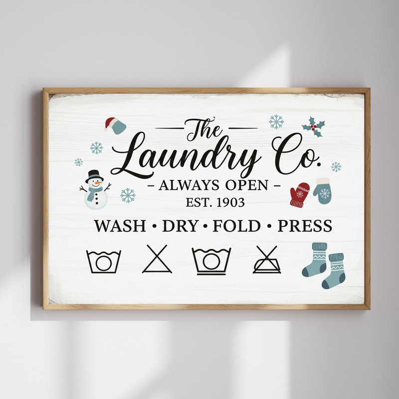 Vintage Christmas laundry room canvas wall art, farmhouse style with green accents, wreath and clothesline, horizontal | Family Wall Decor