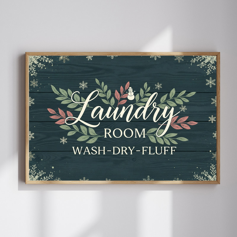 Vintage rustic Christmas laundry room canvas wall art with farmhouse typography, garland, and red-green holiday accents | Family Wall Decor