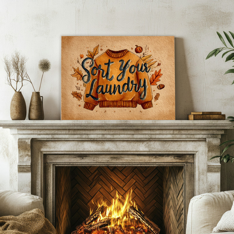 Autumn watercolor canvas art for Thanksgiving laundry room decor, fall foliage wreath with laundry icons, landscape