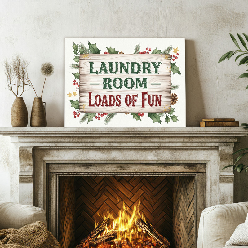 Cozy Christmas laundry room canvas wall art with festive icons and rustic textures, seasonal accent for laundry area Cozy Christmas laundry room canvas wall art with festive icons and rustic textures, seasonal accent for laundry area