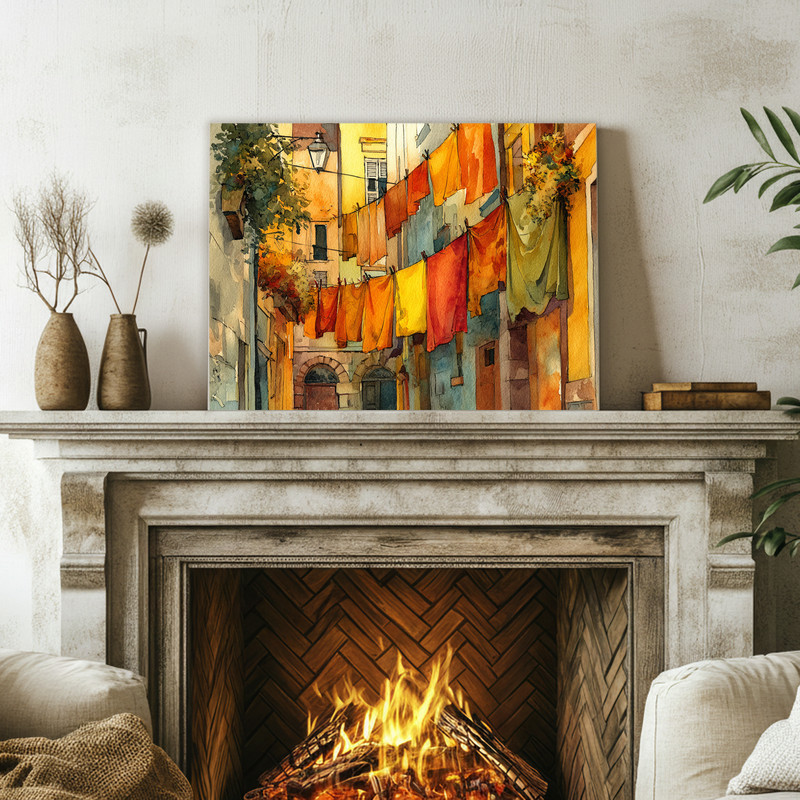 Thanksgiving laundry room canvas wall art, Mediterranean alley, laundry on a line, terracotta walls and harvest tones