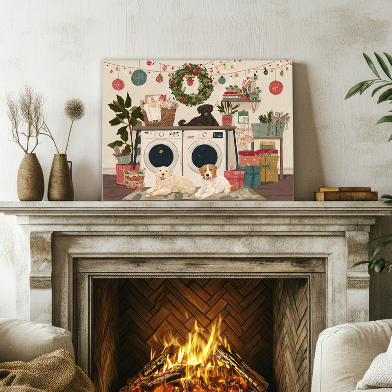 Cozy Christmas theme canvas wall art for laundry room, buffalo plaid with detergent and clothespins, landscape orientation