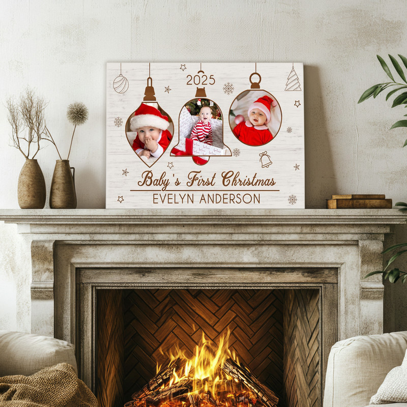 Baby’s First Christmas canvas personalized, plaid border in red tartan with snowflakes, holiday gift for new parents