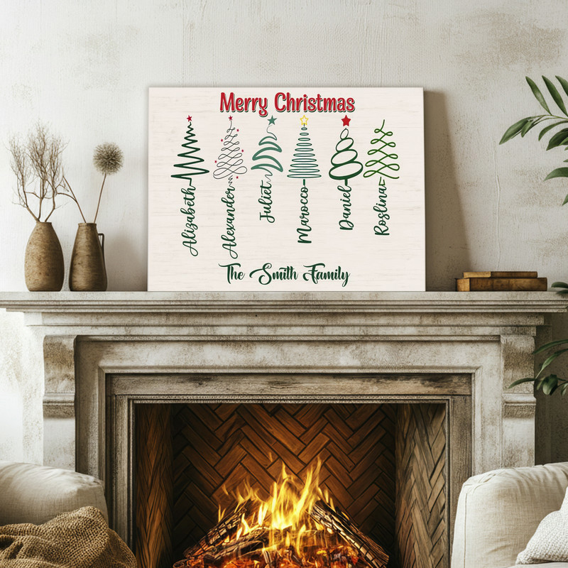 Rustic Christmas tree names canvas wall art, personalized with family names in cursive, holiday gift for homeowners
