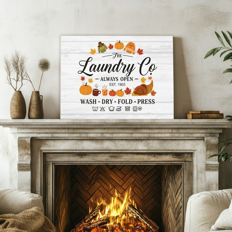 Vintage autumn canvas wall art for laundry room, farmhouse fall style in vertical orientation with aged, weathered texture