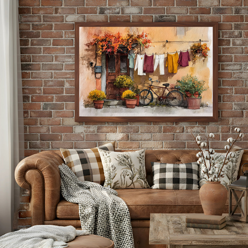 Thanksgiving watercolor canvas wall art for laundry room, clothesline and baskets, rustic neutrals, landscape orientation, fall accents