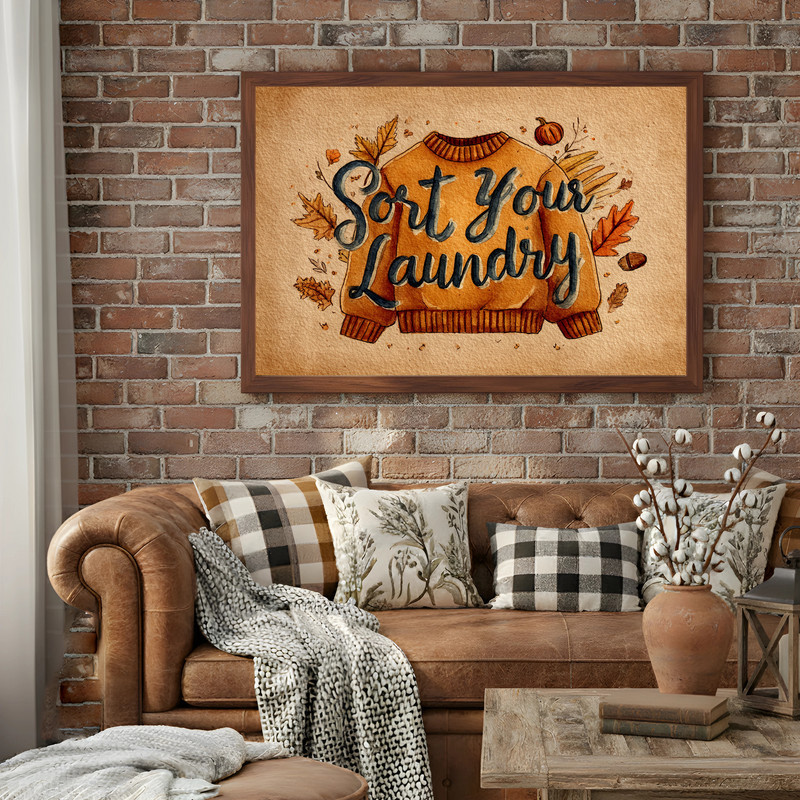 Autumn watercolor canvas art for Thanksgiving laundry room decor, clothesline, socks, copper and sage palette, portrait