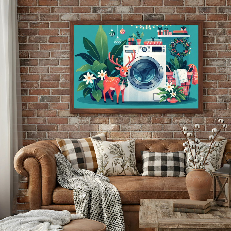 Christmas reindeer canvas wall art, rustic farmhouse with clothespins and snowflakes for laundry room, vertical orientation