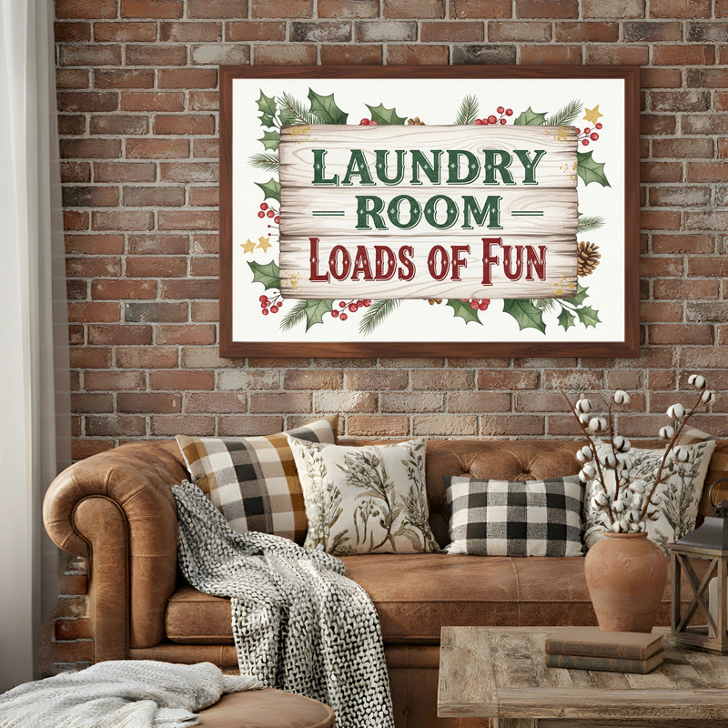 Cozy Christmas laundry room canvas wall art featuring rustic wood tones and red‑green accents for holiday laundry decor Cozy Christmas laundry room canvas wall art featuring rustic wood tones and red‑green accents for holiday laundry decor
