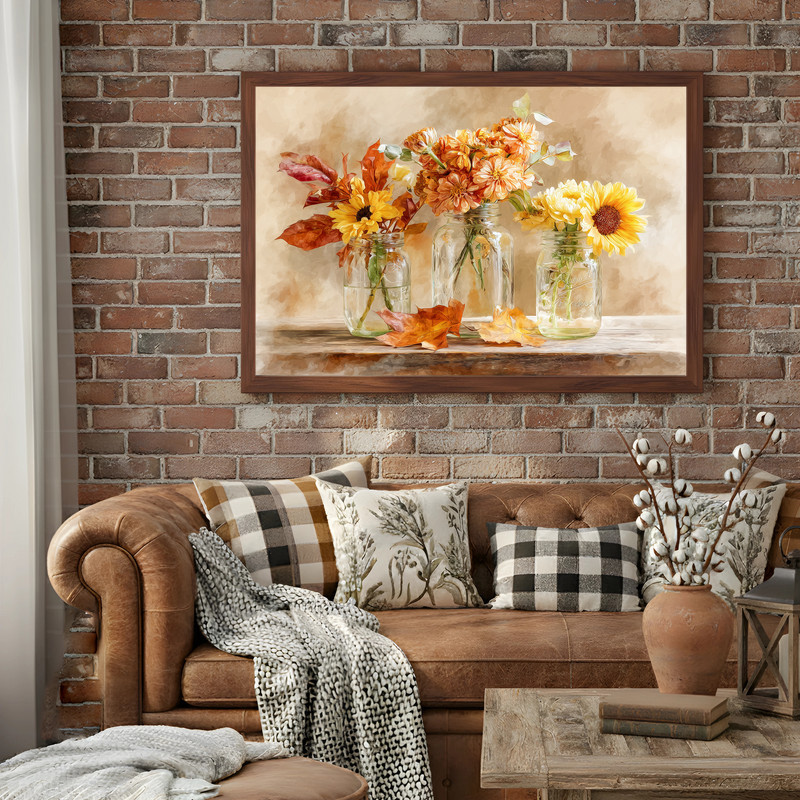 Thanksgiving floral watercolor canvas wall art featuring mason jars, autumn flowers and leaves for cozy laundry room decor