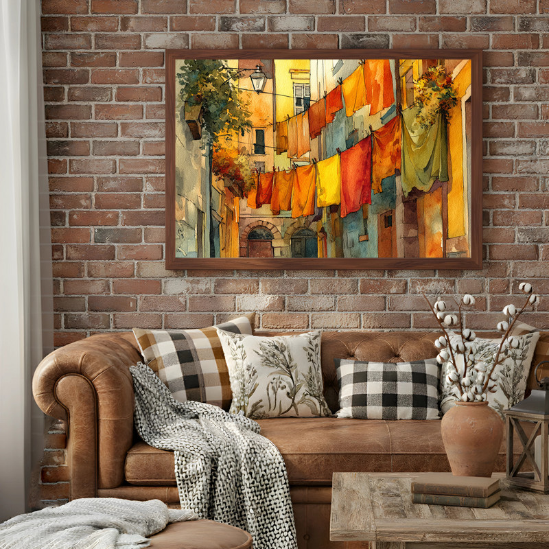 Thanksgiving Mediterranean alley canvas wall art for laundry room decor, clothesline, linens, cobblestone, terracotta tones