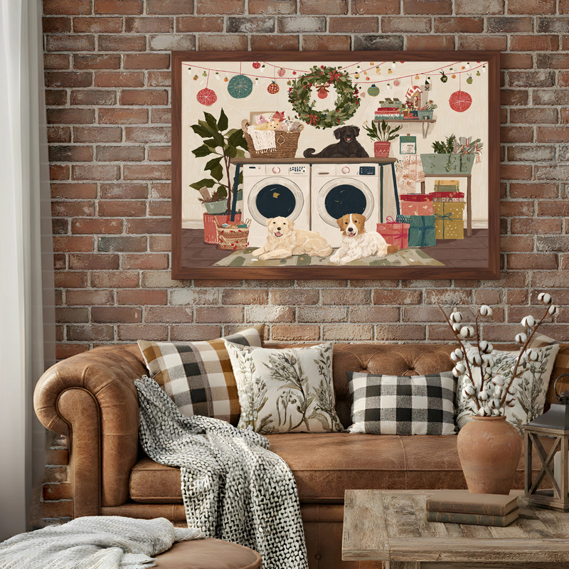 Cozy Christmas theme canvas wall art for laundry room, chalkboard style with white script, suds doodles and pine sprigs