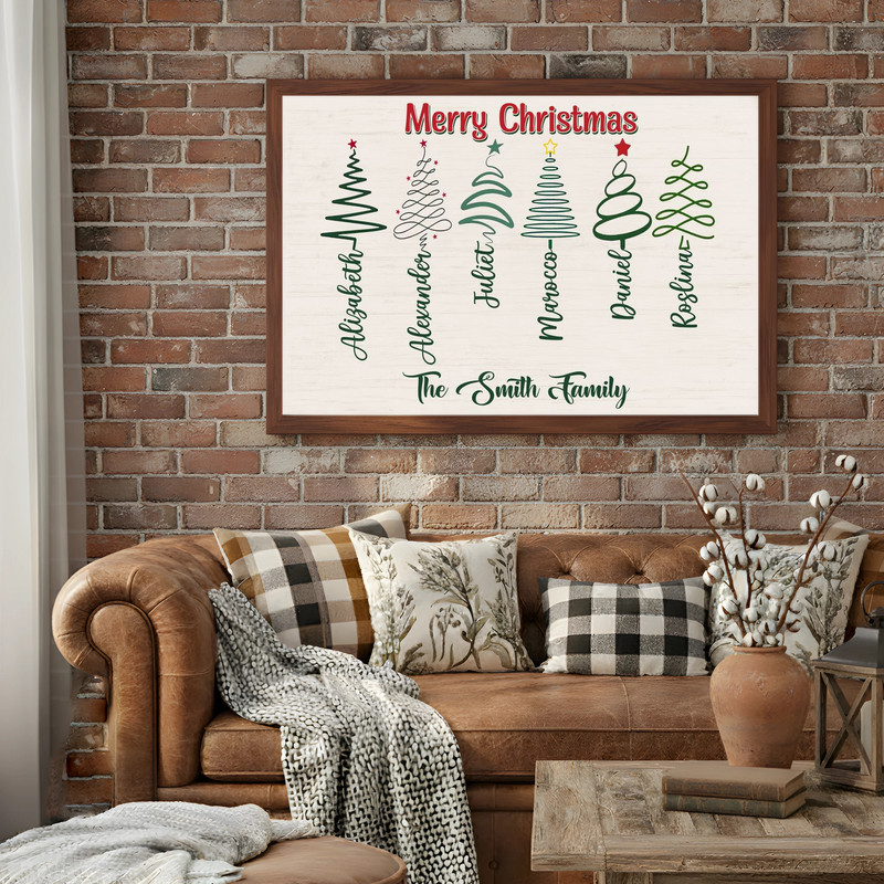 Rustic Christmas tree family names canvas wall art, personalized cursive script in tree shape, portrait print for mantel