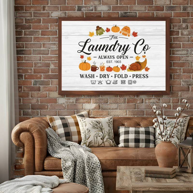 Vintage autumn canvas wall art, laundry room decor in farmhouse fall style with distressed look and muted earthy palette