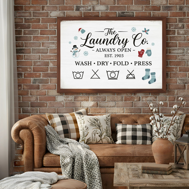 Vintage Christmas laundry room canvas wall art featuring farmhouse buffalo plaid, stockings on a clothesline, vertical layout