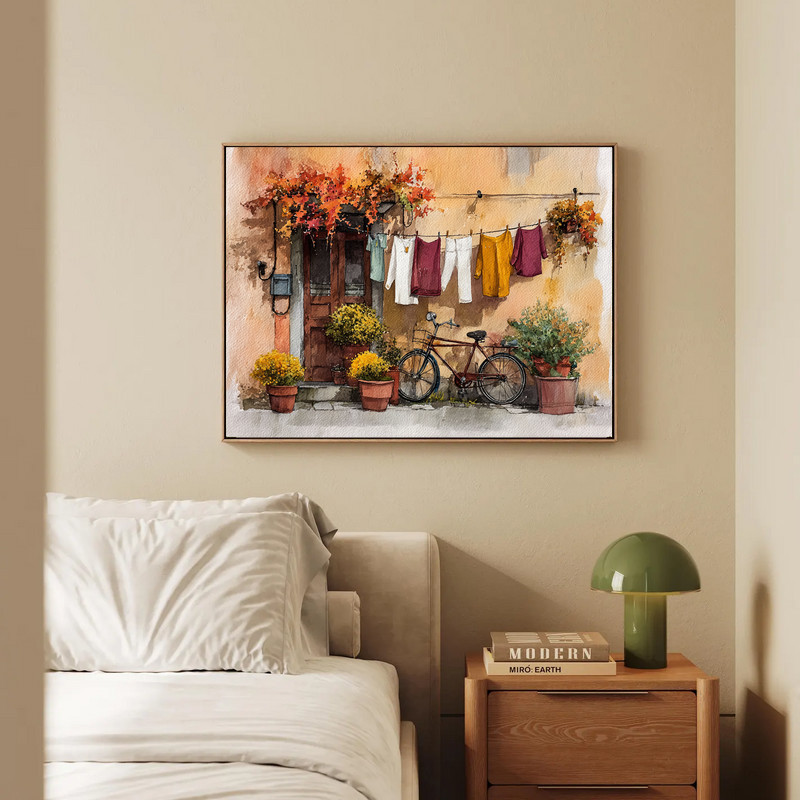 Thanksgiving laundry room canvas wall art, watercolor washer with clothesline, pumpkins and acorns, portrait orientation, farmhouse vibe