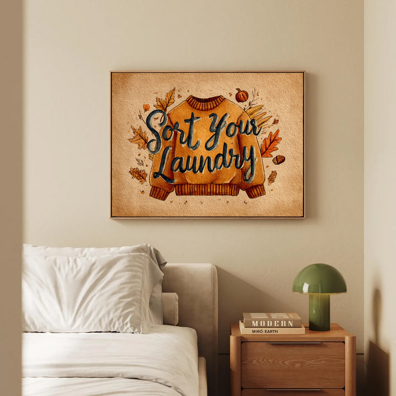 Autumn watercolor canvas art for Thanksgiving laundry room decor, acorns and gingham accents, terracotta palette, portrait