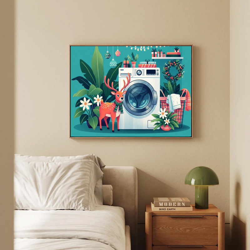 Christmas reindeer canvas wall art, watercolor snowflakes with teal accents, panoramic canvas for laundry room decor