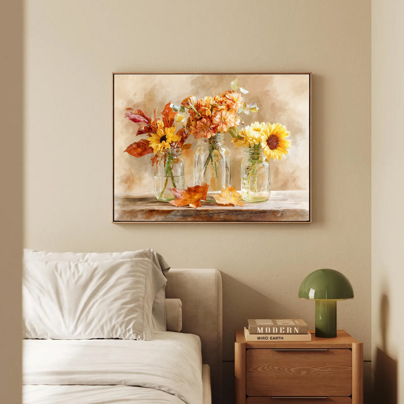 Thanksgiving floral watercolor canvas wall art, clear jars, warm harvest tones, farmhouse laundry room accent