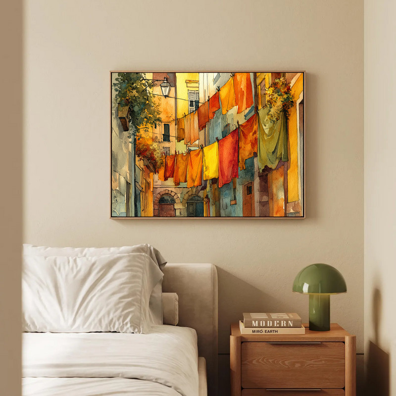 Harvest Breeze Thanksgiving laundry room decor canvas, Mediterranean stone alley with clothesline, pumpkins, and golden light