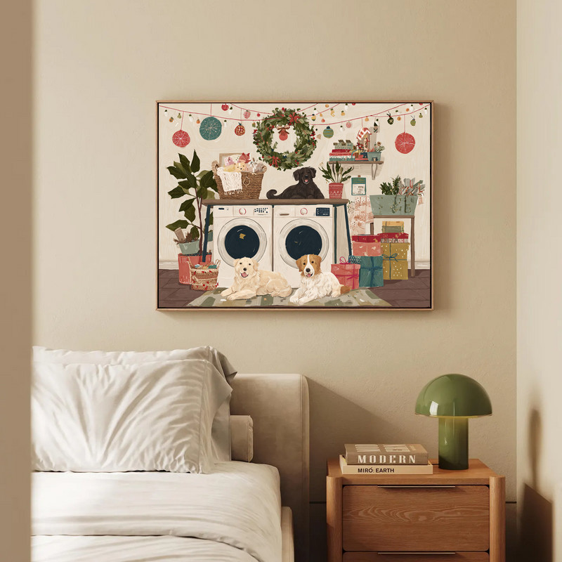 Cozy Christmas theme canvas wall art for laundry room, minimalist white palette with red script and washer icons, portrait