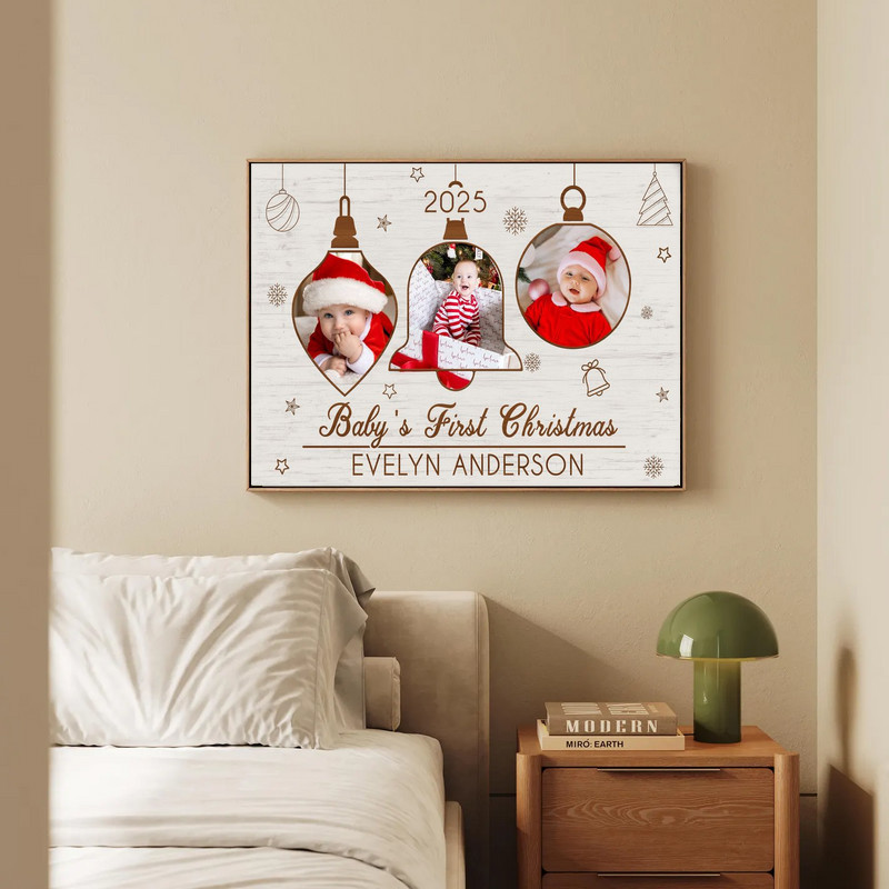 Baby’s First Christmas canvas personalized, woodland reindeer and pine, rustic farmhouse style in sage and cream, landscape