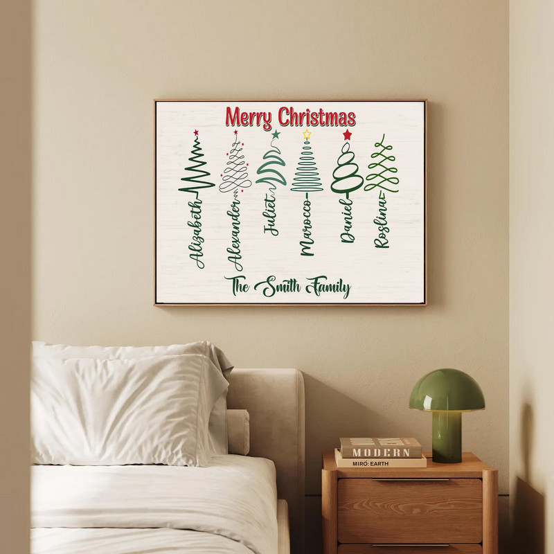 Rustic Christmas tree wall art canvas with custom family names in flowing script, kraft paper look, landscape for hallway