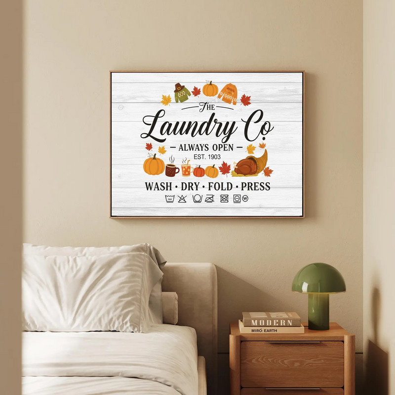 Vintage autumn canvas wall art, farmhouse fall style laundry room sign with rustic script and cream, brown, and orange hues