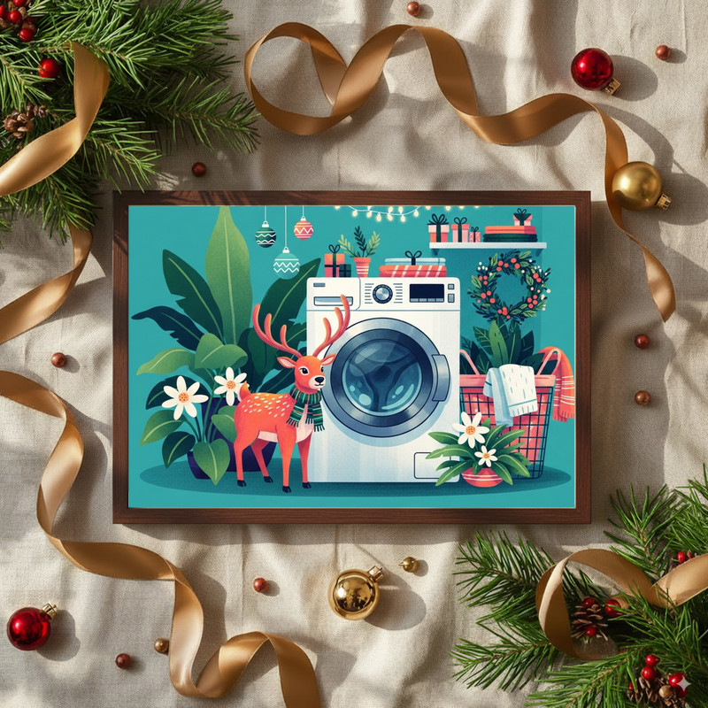 Christmas reindeer canvas wall art with distressed wood look, taupe background for laundry room decor, horizontal orientation