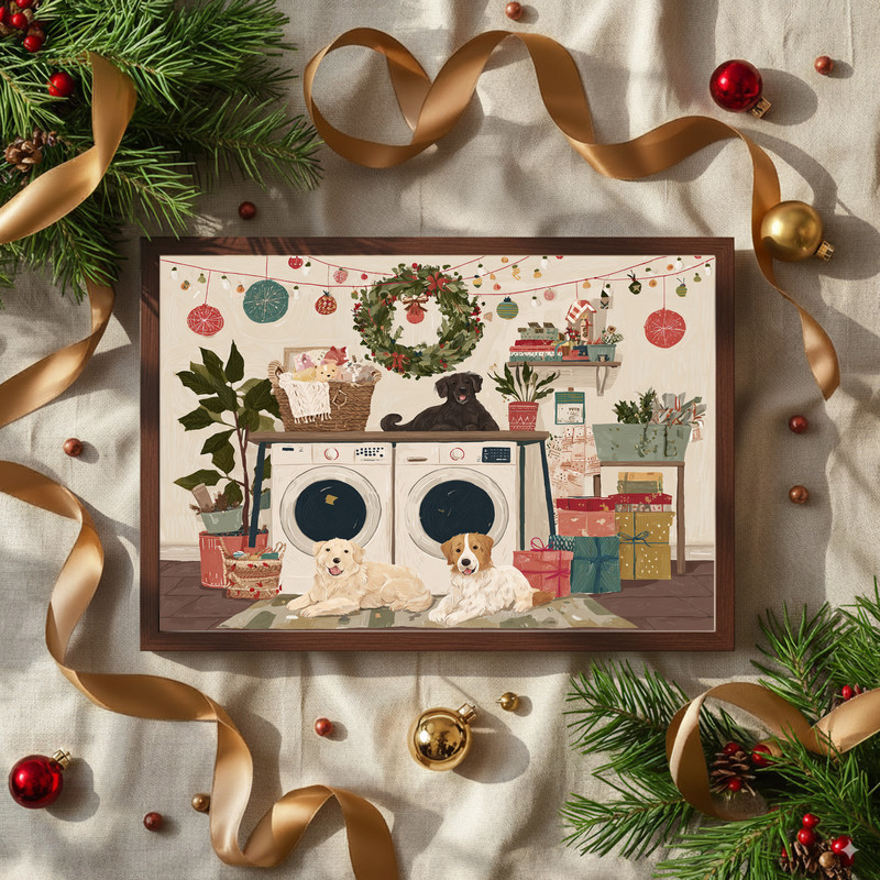 Cozy Christmas theme canvas wall art for laundry room, neutral beige with gold trim and snowflake border, square orientation