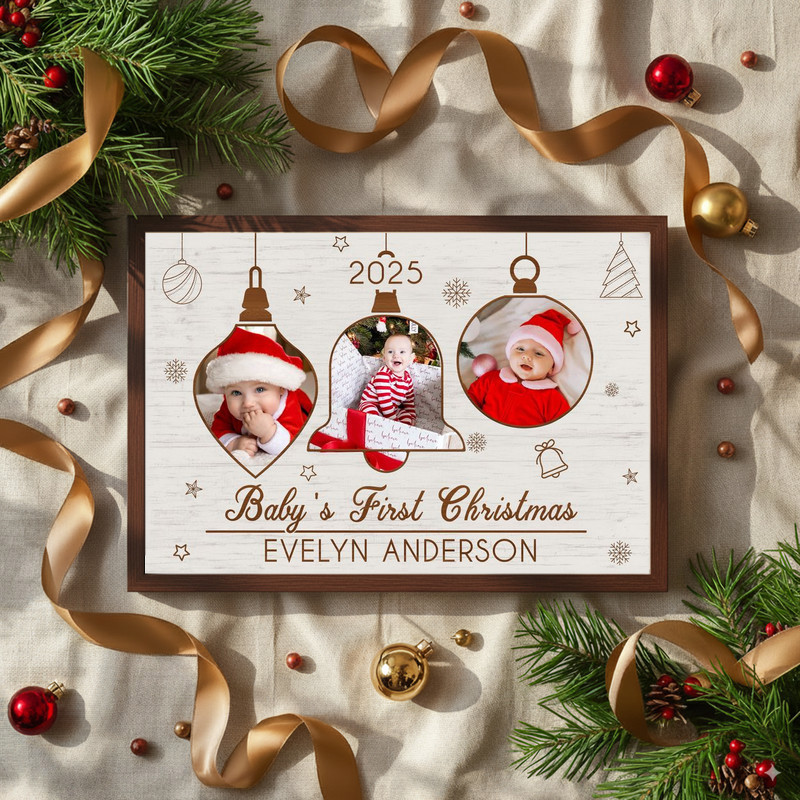 Baby’s First Christmas canvas with custom name and birth year, blush pink stars and moon, minimal design, portrait decor