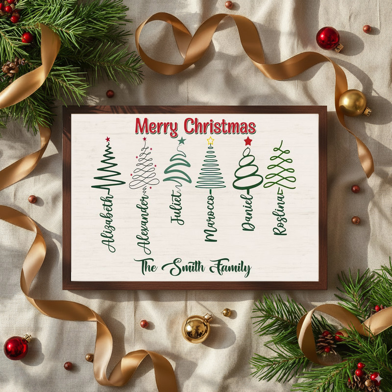 Christmas tree family wall art canvas in rustic wood-look tones, personalized with family names in elegant cursive script