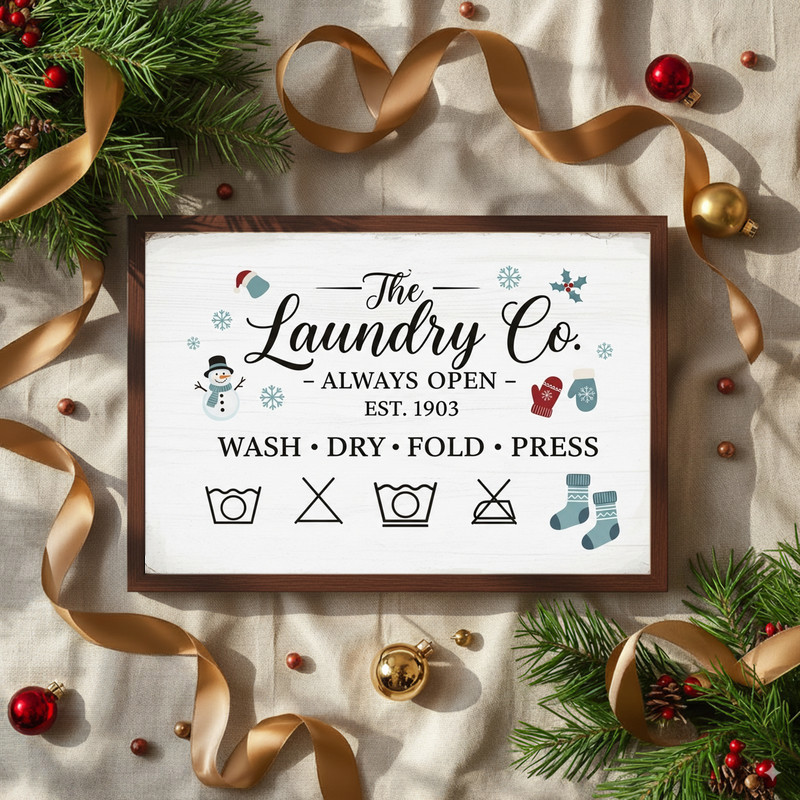 Vintage Christmas laundry room canvas wall art, distressed farmhouse with garland and bells, wood frame, vertical