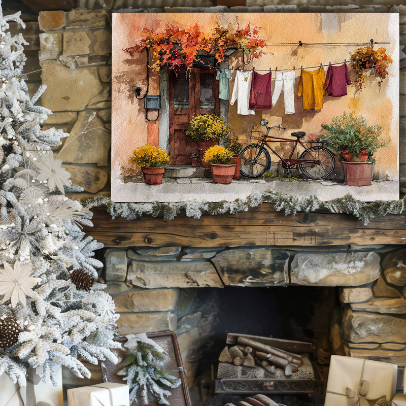 Autumn Loads laundry room watercolor canvas wall art, vintage washer, wicker basket, falling leaves, warm orange and tan colorway
