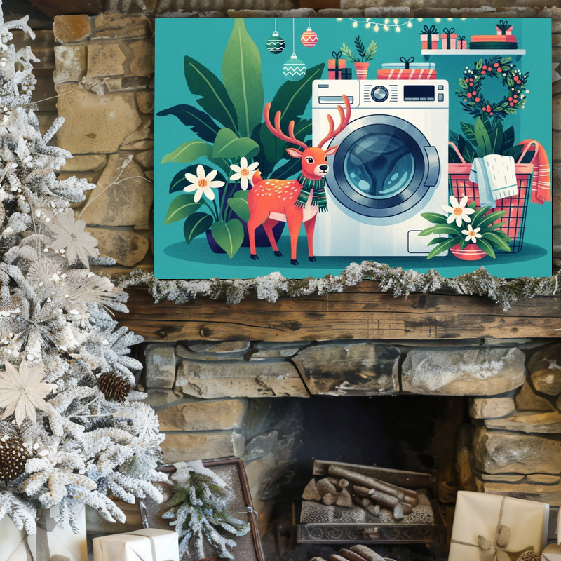 Christmas reindeer canvas wall art, geometric snowflake pattern with green accents for laundry room decor, square layout