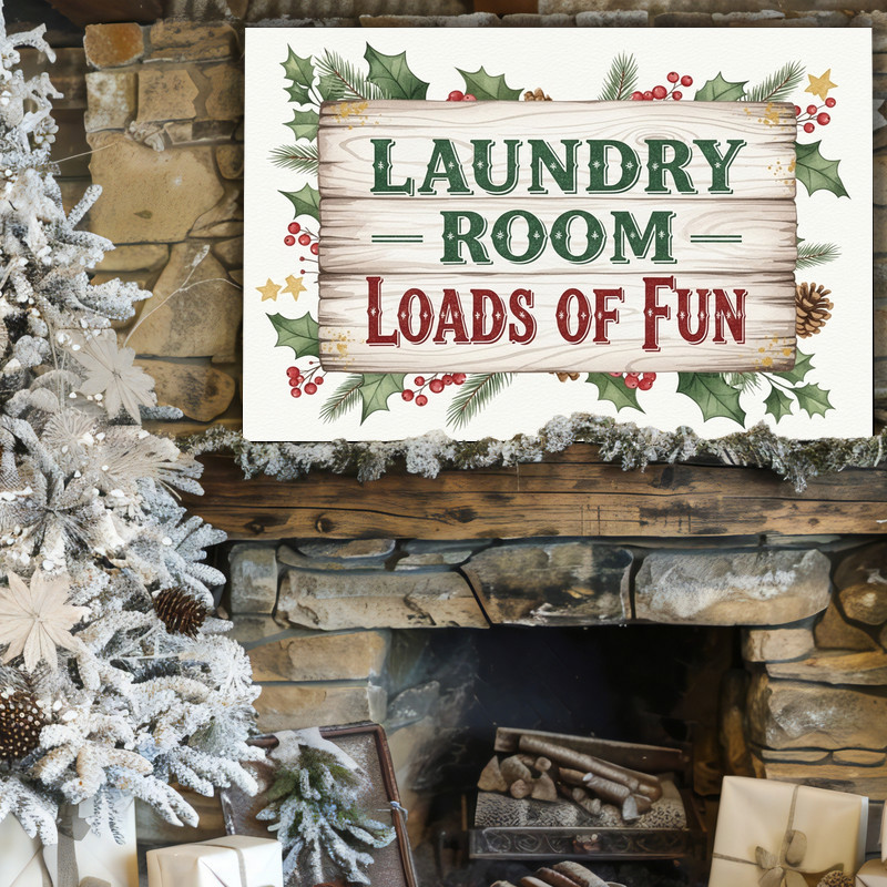 Cozy Christmas laundry room canvas wall art in warm neutrals with rustic charm, holiday spirit for farmhouse laundry decor Cozy Christmas laundry room canvas wall art in warm neutrals with rustic charm, holiday spirit for farmhouse laundry decor