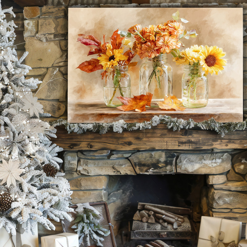 Thanksgiving floral watercolor canvas wall art showing mason jars with autumn blooms and leaves, cozy laundry room style